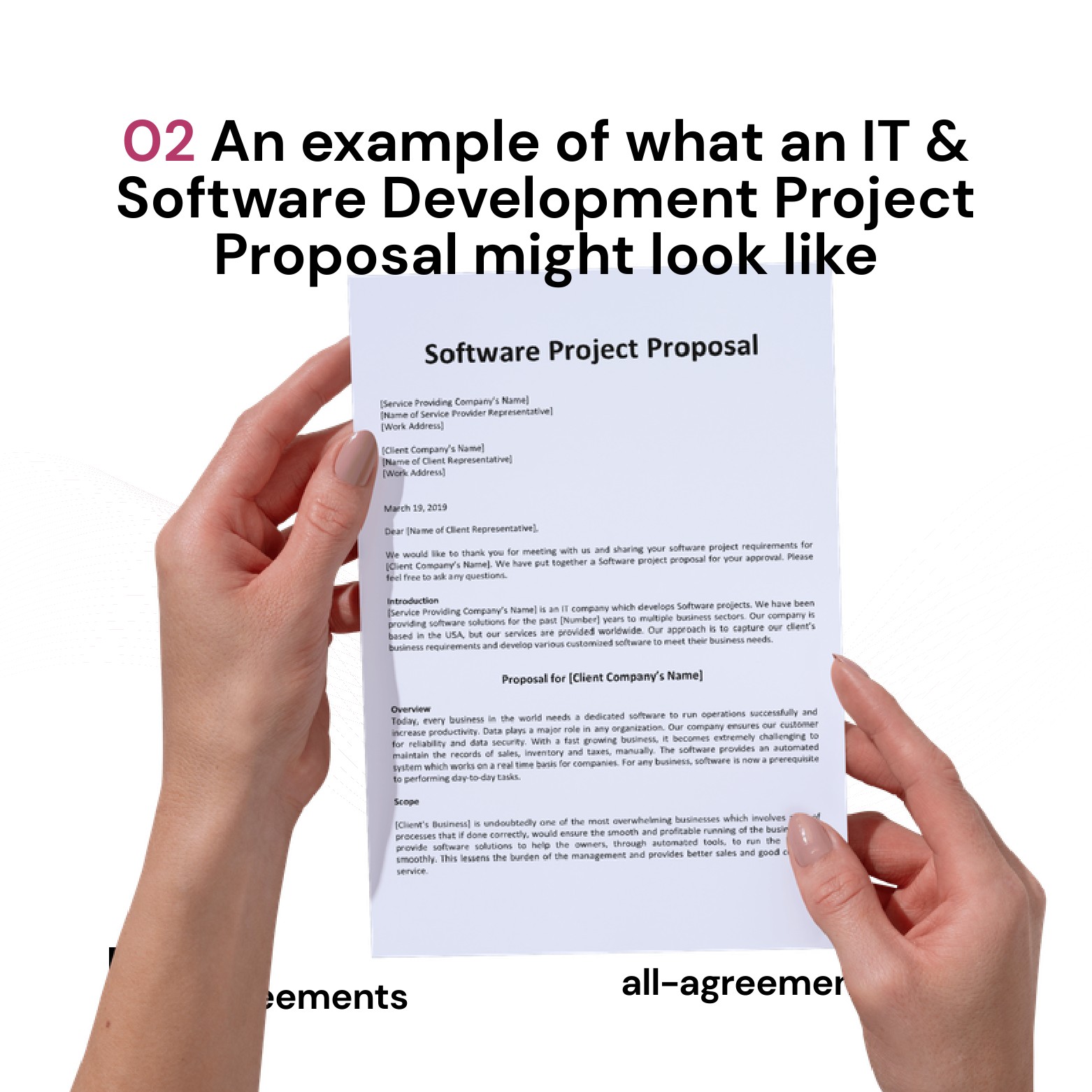 Alt Text: IT & Software Development Project Proposal Service – Page 3: Diagram of 5 core pillars including Technical Architecture, Sprint Roadmap, Milestone Pricing, IP Ownership, and SLA Terms.