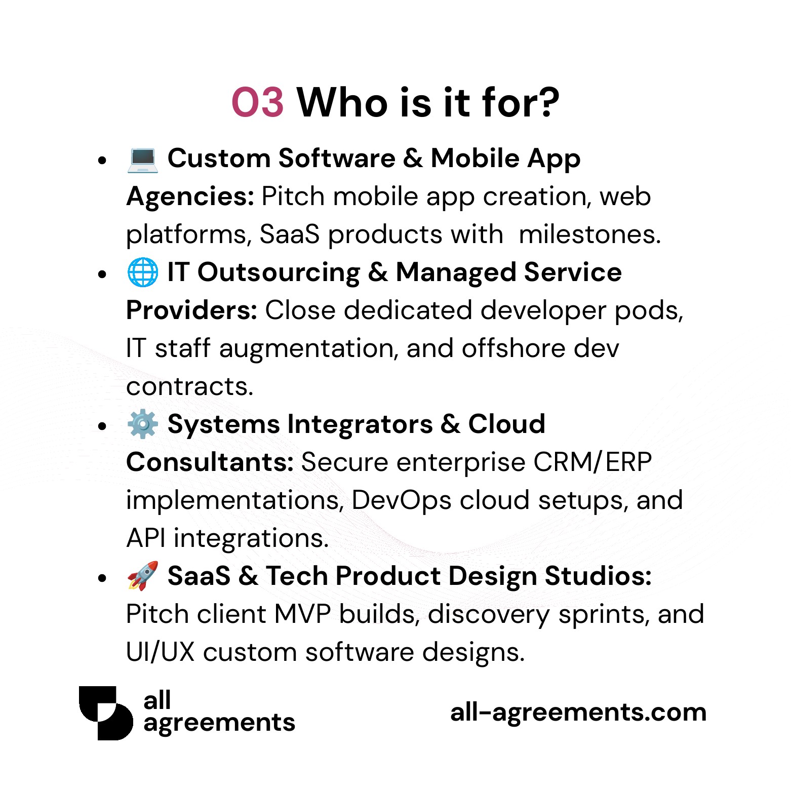 Alt Text: IT & Software Development Project Proposal Service – Page 4: Infographic showing use cases for software agencies, IT outsourcing firms, systems integrators, and SaaS studios.