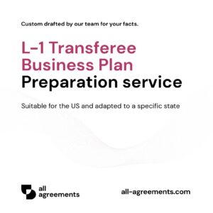 Alt Text: L-1 Intracompany Transferee Business Plan Preparation Service – Page 1: Product cover showing L-1 visa business plan document mockup with U.S. flag accent, org charts, and financial tables.