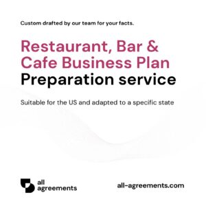 Alt Text: Restaurant Bar Cafe Business Plan Preparation Service – Page 1: Product cover showing hospitality business plan mockup with floor plan layout, food cost tables, and financial projections.