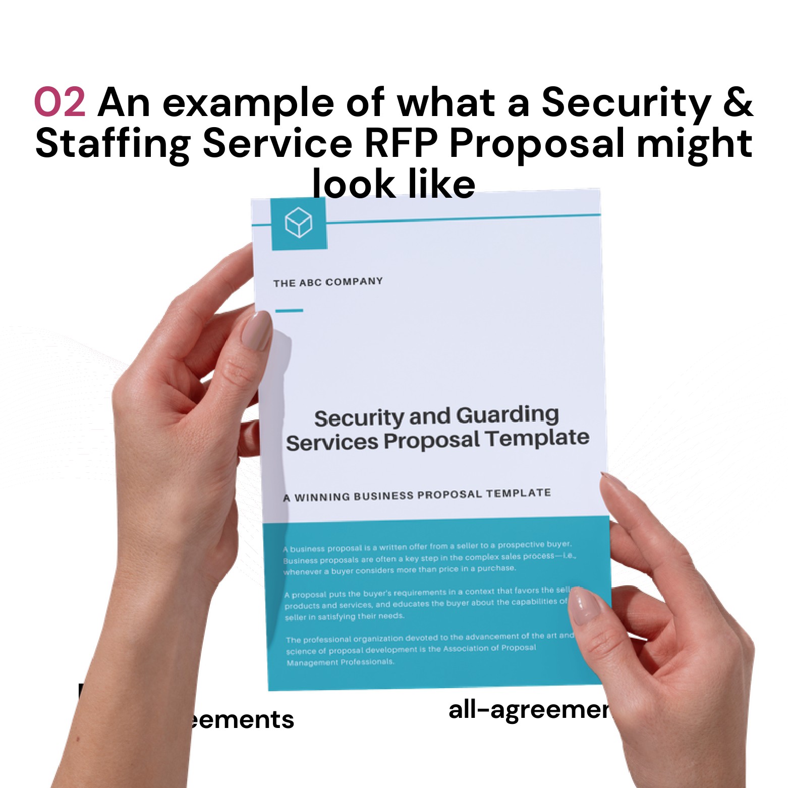 Alt Text: Security Staffing Service RFP Proposal Preparation Service – Page 3: Diagram of 5 core pillars including Post Schedule, Vetting Protocol, SLA Guarantees, Bill-Rate Matrix, and Insurance Compliance.