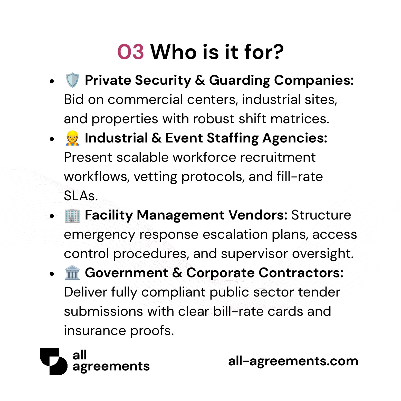 Alt Text: Security Staffing Service RFP Proposal Preparation Service – Page 4: Infographic showing use cases for security contractors, staffing agencies, facility managers, and government vendors.