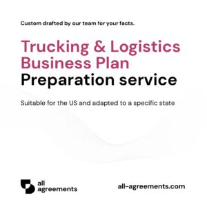 Alt Text: Trucking Logistics Business Plan Preparation Service – Page 1: Product cover showing transport business plan mockup with fleet acquisition tables, route RPM charts, and financial projections. Trucking & Logistics Business Plan