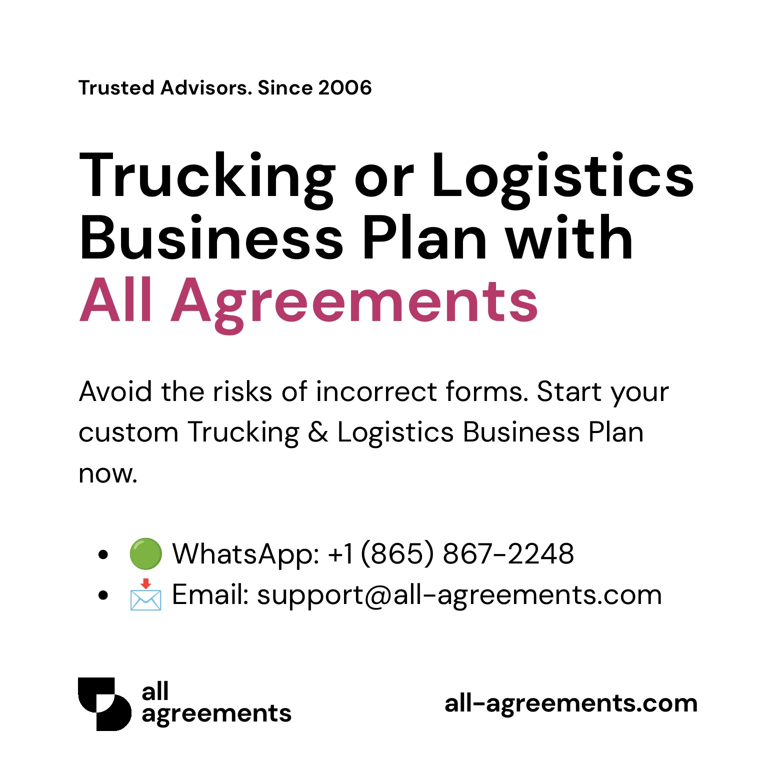 Alt Text: Trucking Logistics Business Plan Preparation Service – Page 10: Order call to action button with all agreements logo.