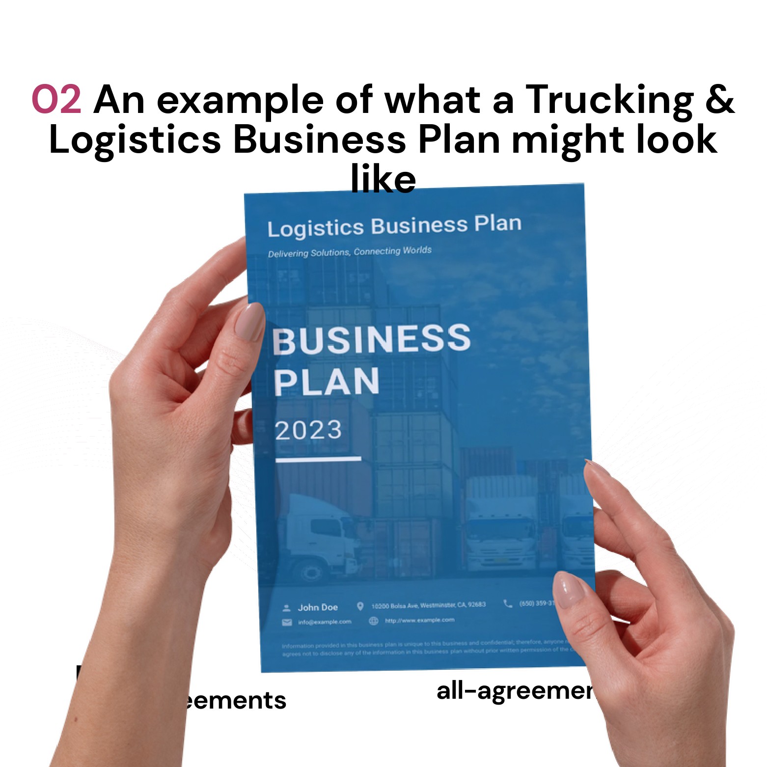 Alt Text: Trucking Logistics Business Plan Preparation Service – Page 3: Diagram of 5 core pillars including Route RPM Economics, Fleet CAPEX Budget, Driver Pay Model, Insurance Compliance, and DSCR Financial Model.