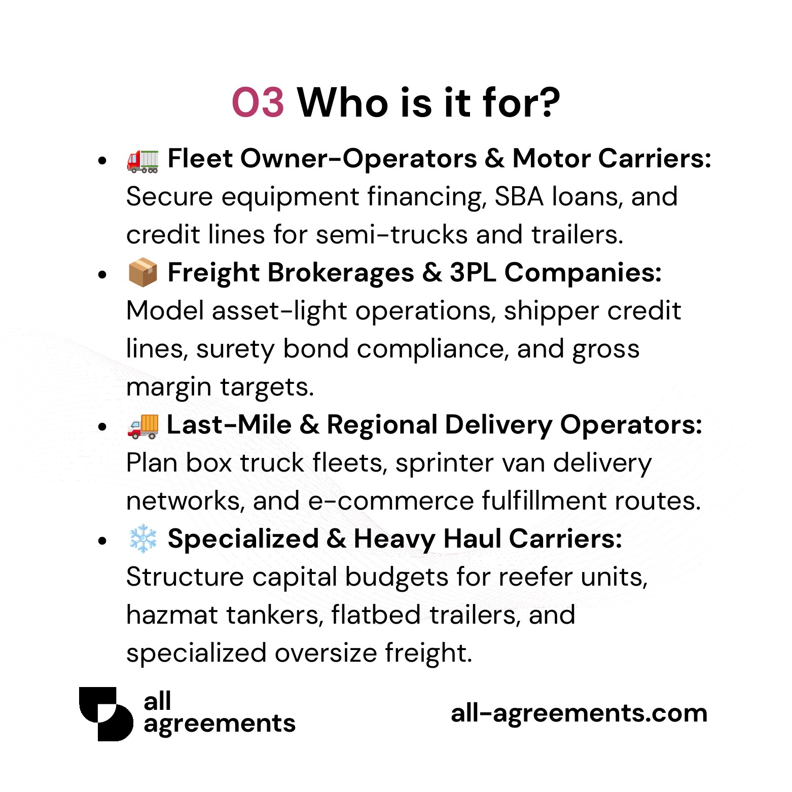 Alt Text: Trucking Logistics Business Plan Preparation Service – Page 4: Infographic showing use cases for motor carriers, freight brokers, last-mile fleets, and specialized haulers.